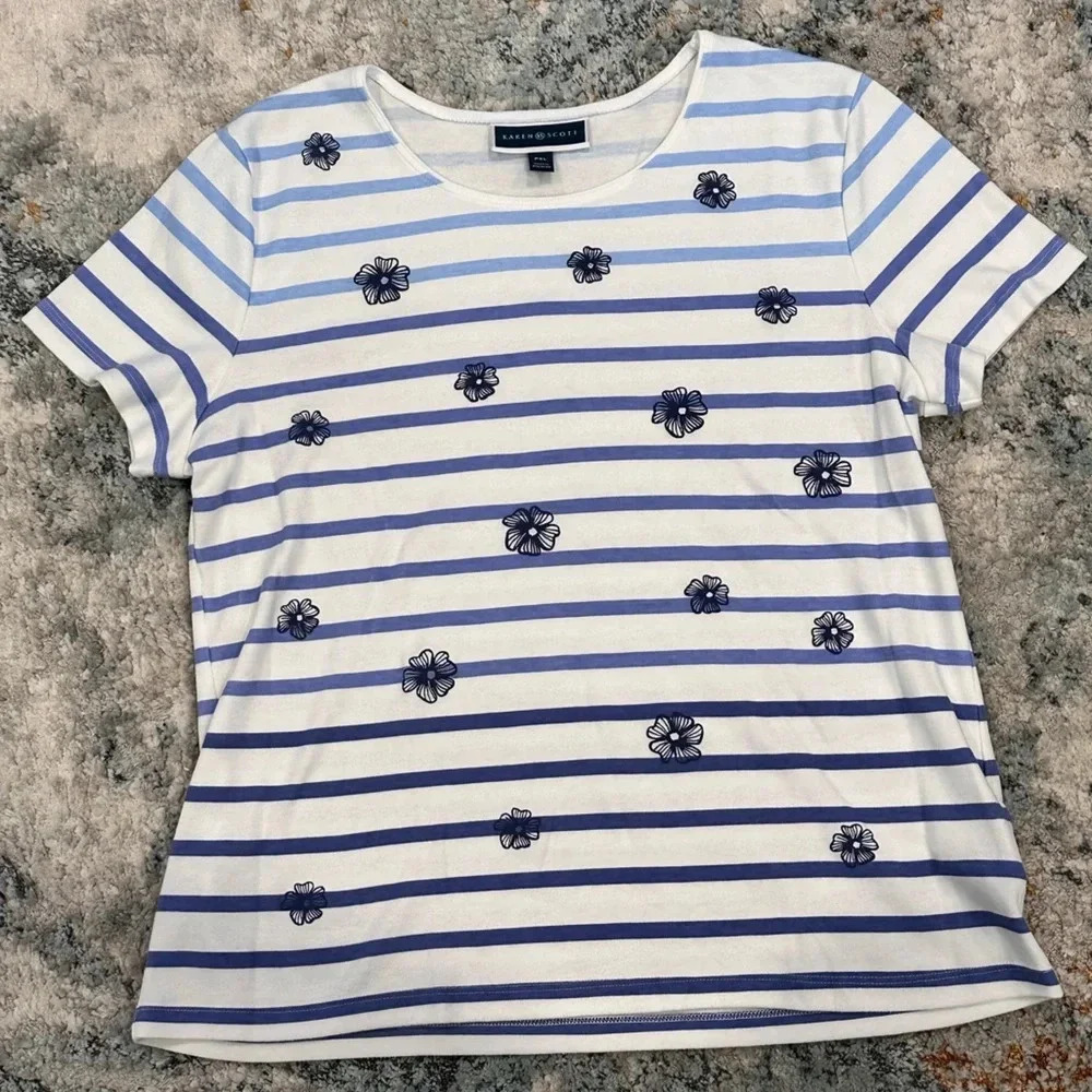 Karen Scott Women’s Blue Striped Floral Top - PXL